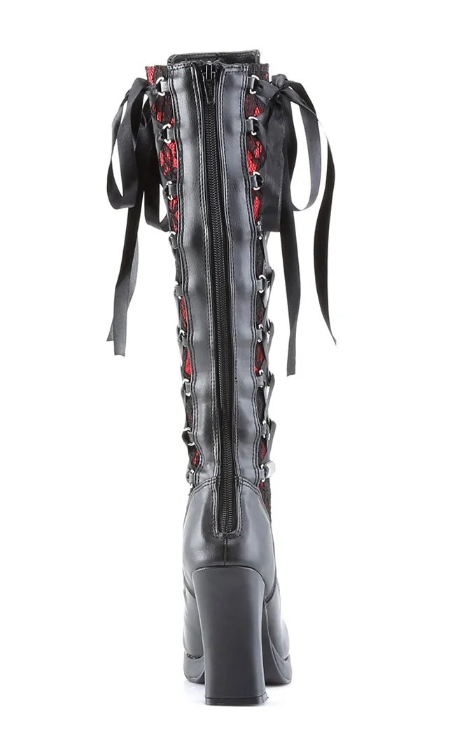 CRYPTO-106 Black & Red Lace Knee High Boots