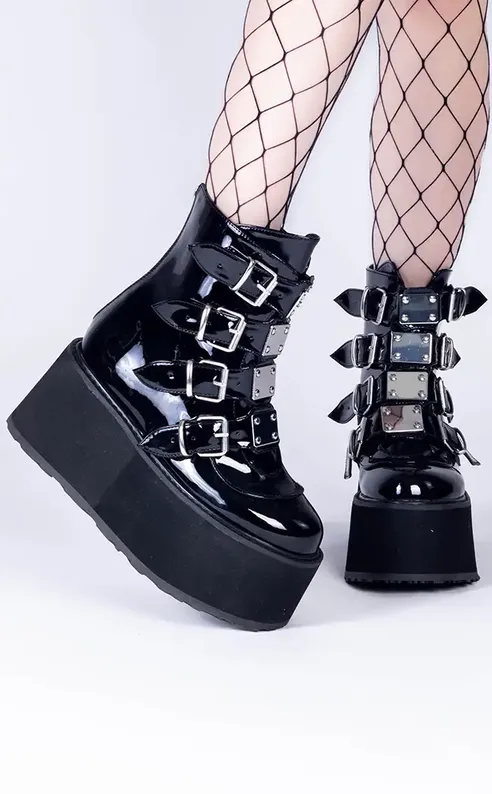 DAMNED-105 Black Patent Flatform Ankle Boots