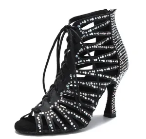 Dance Heels Boots Black Rhinestone Salsa Dance Boots