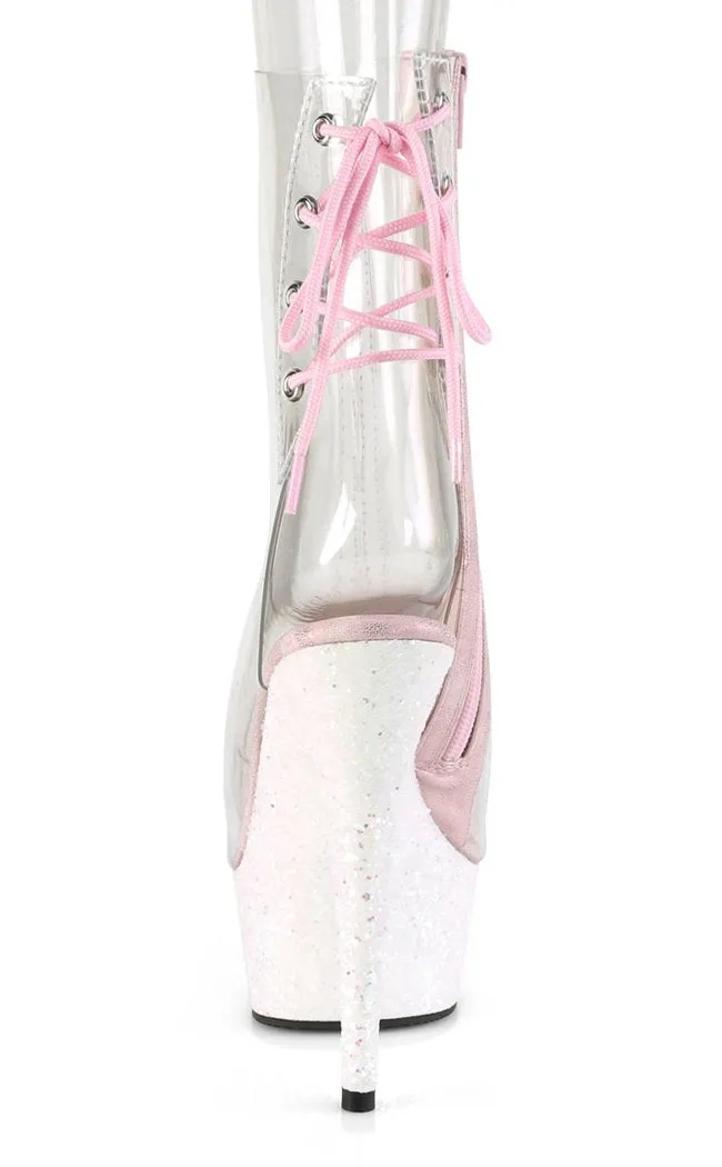 DELIGHT-1018C Clear & Pink Glitter Ankle Boots