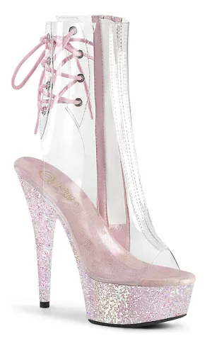 DELIGHT-1018C Clear & Pink Glitter Ankle Boots