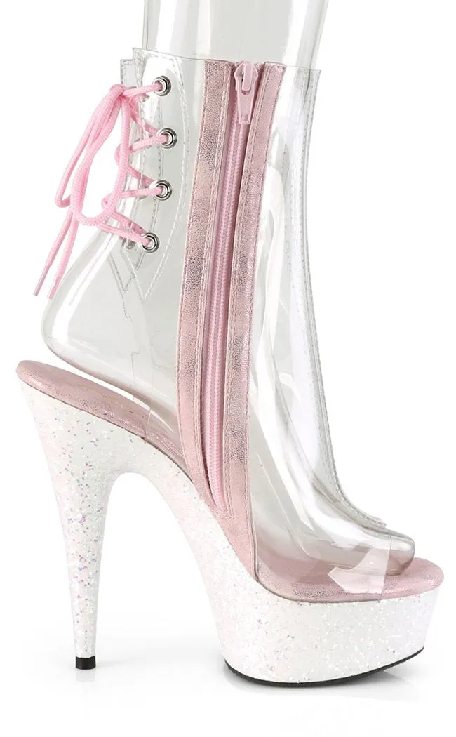 DELIGHT-1018C Clear & Pink Glitter Ankle Boots