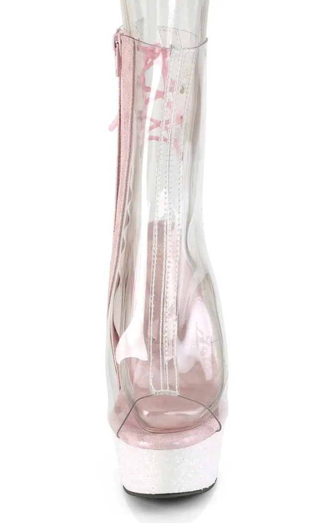 DELIGHT-1018C Clear & Pink Glitter Ankle Boots