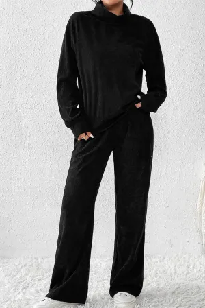 Elegant Black Corduroy High Neck Twin Set with Flared Trousers