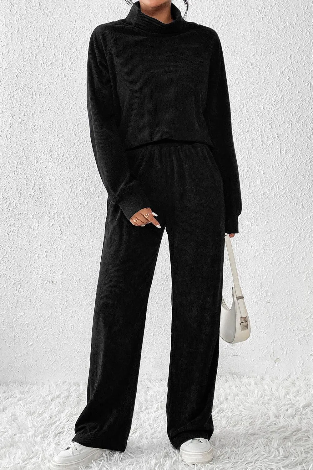 Elegant Black Corduroy High Neck Twin Set with Flared Trousers