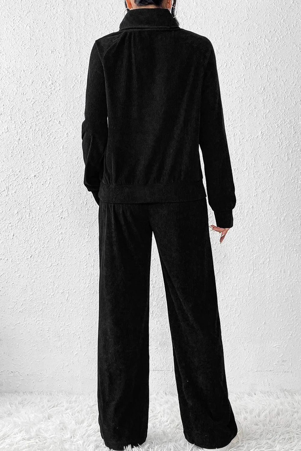 Elegant Black Corduroy High Neck Twin Set with Flared Trousers