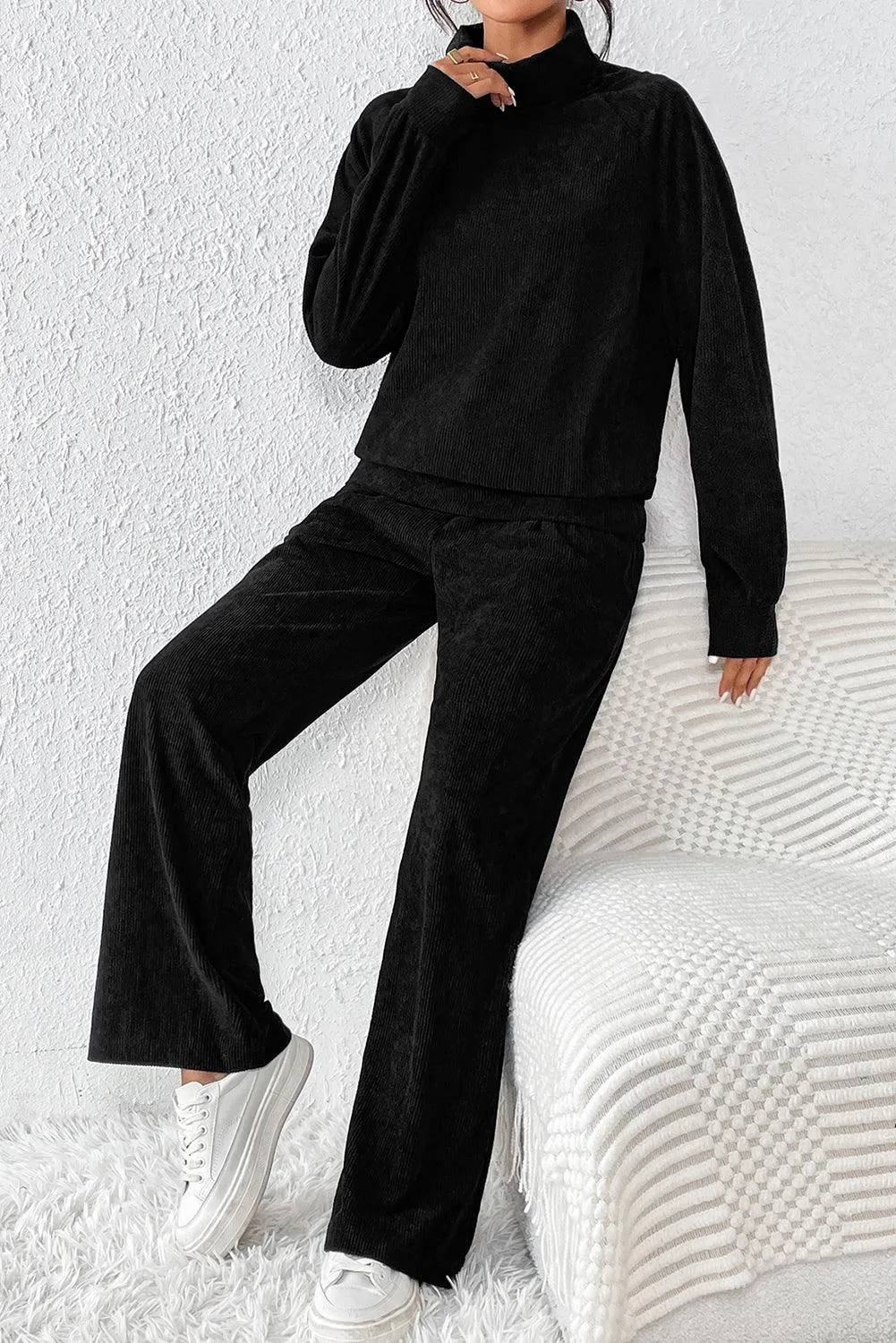 Elegant Black Corduroy High Neck Twin Set with Flared Trousers