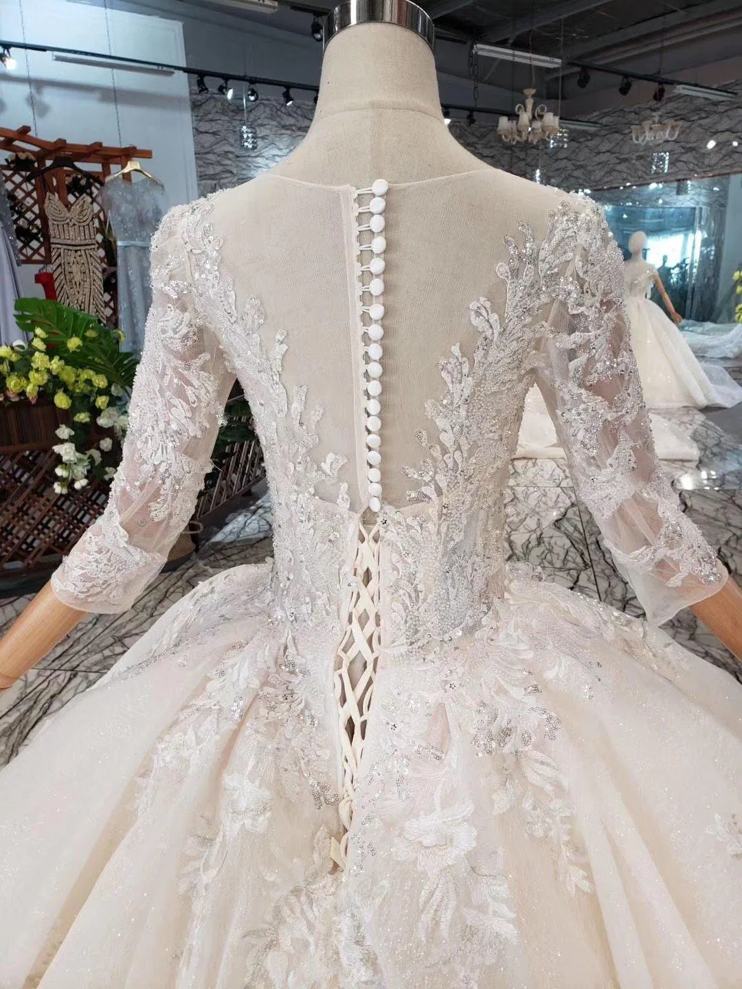 Elegant Half Sleeves Ball Gown Lace Layer Wedding Dress  WD380