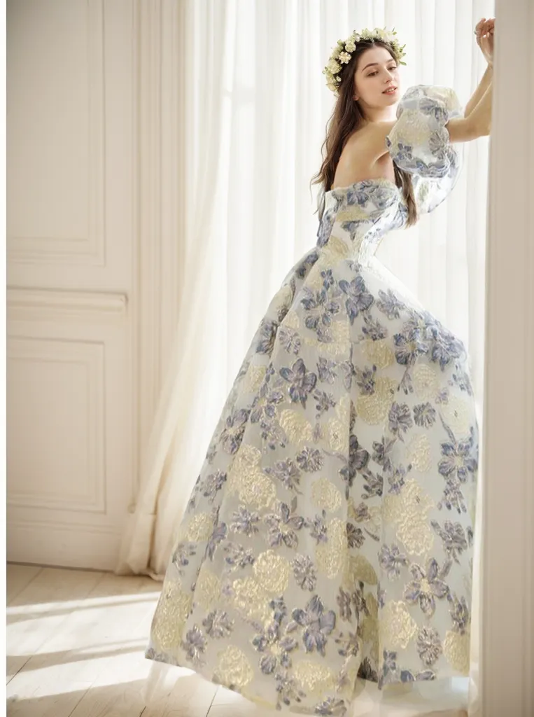 Elora - embroidery golden blue floral pattern off-the-shoulder Princess Prom Dress