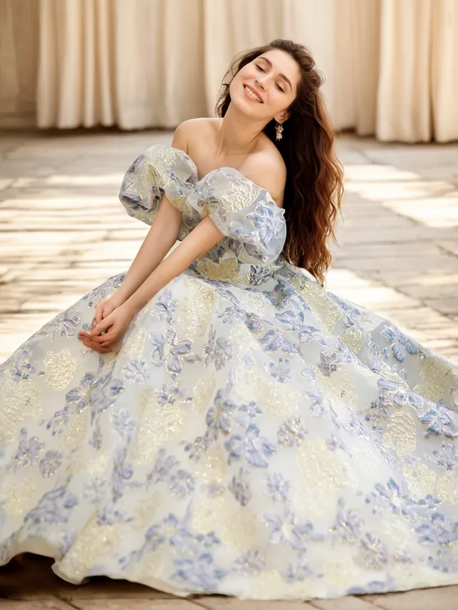 Elora - embroidery golden blue floral pattern off-the-shoulder Princess Prom Dress