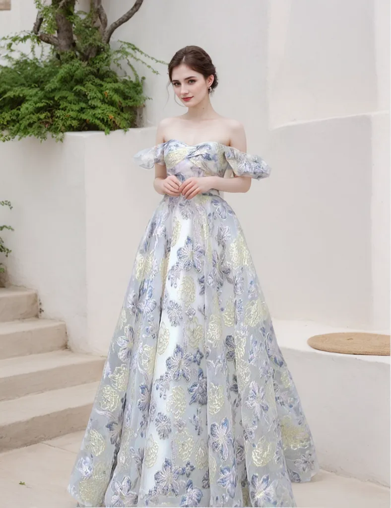 Elora - embroidery golden blue floral pattern off-the-shoulder Princess Prom Dress