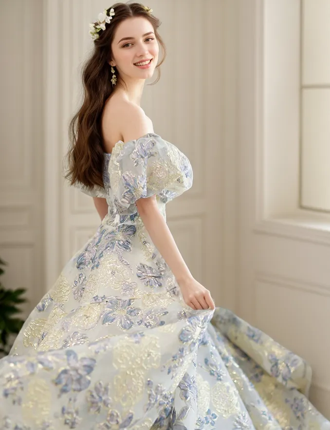 Elora - embroidery golden blue floral pattern off-the-shoulder Princess Prom Dress