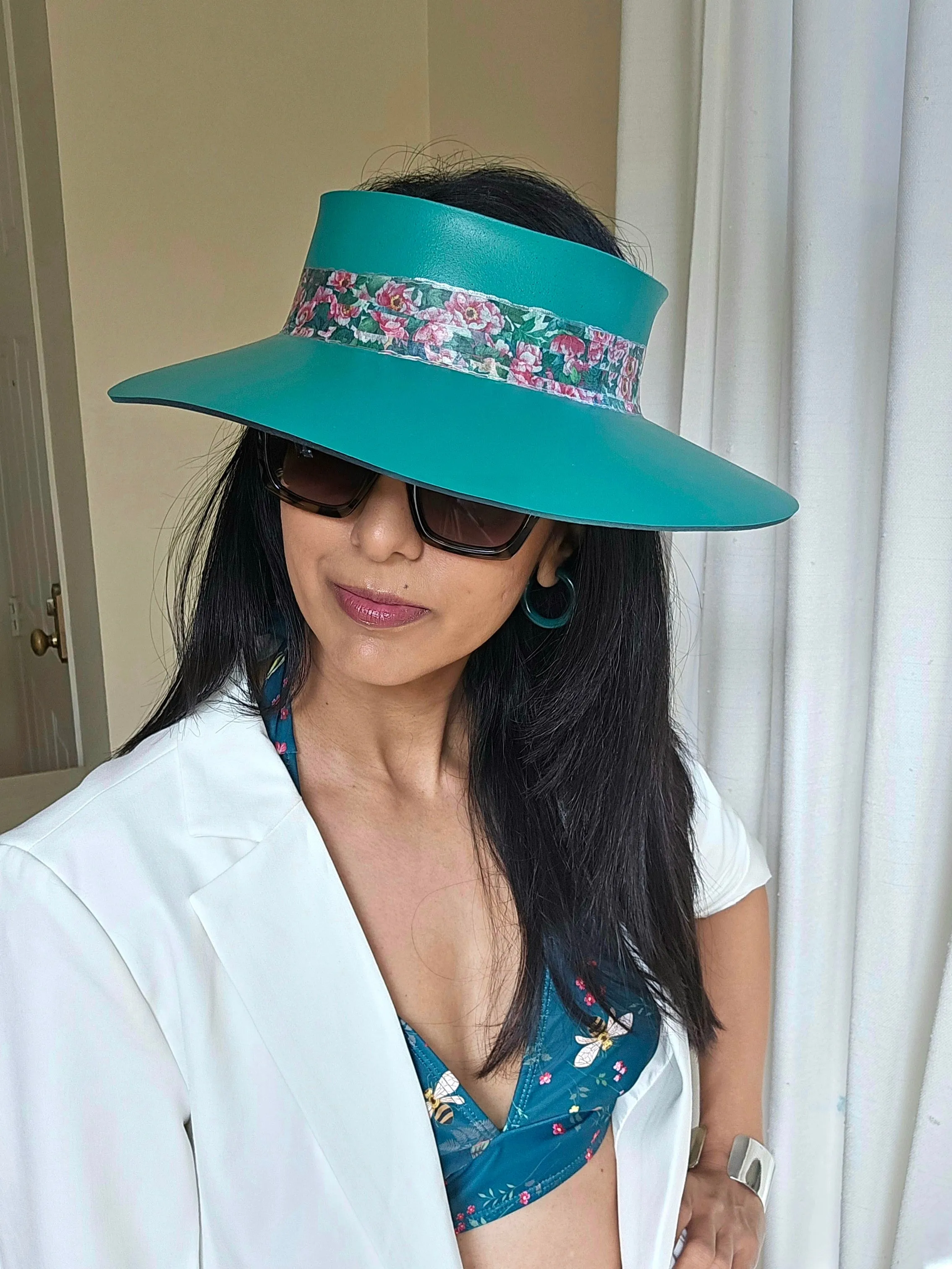 Emerald Green LadyEVA Visor Hat with Pink/Green Floral Band