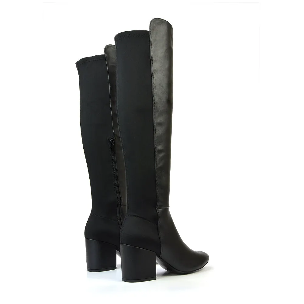 Falcon Mid Block Heel Elasticated High Heel Knee High Boots in Black Synthetic Leather