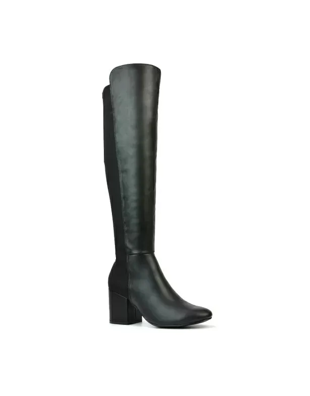 Falcon Mid Block Heel Elasticated High Heel Knee High Boots in Black Synthetic Leather