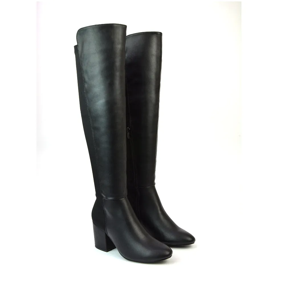 Falcon Mid Block Heel Elasticated High Heel Knee High Boots in Black Synthetic Leather