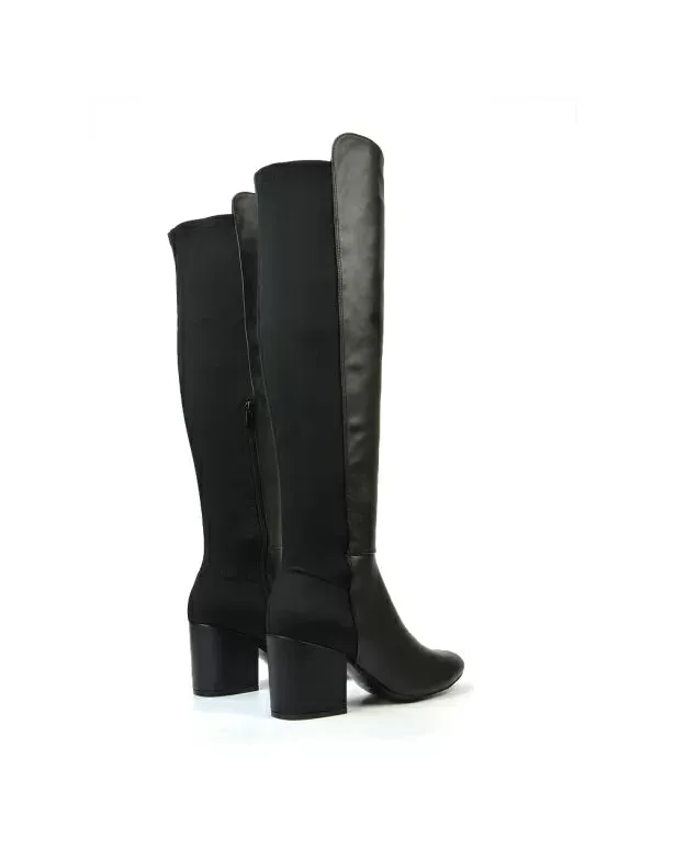 Falcon Mid Block Heel Elasticated High Heel Knee High Boots in Black Synthetic Leather