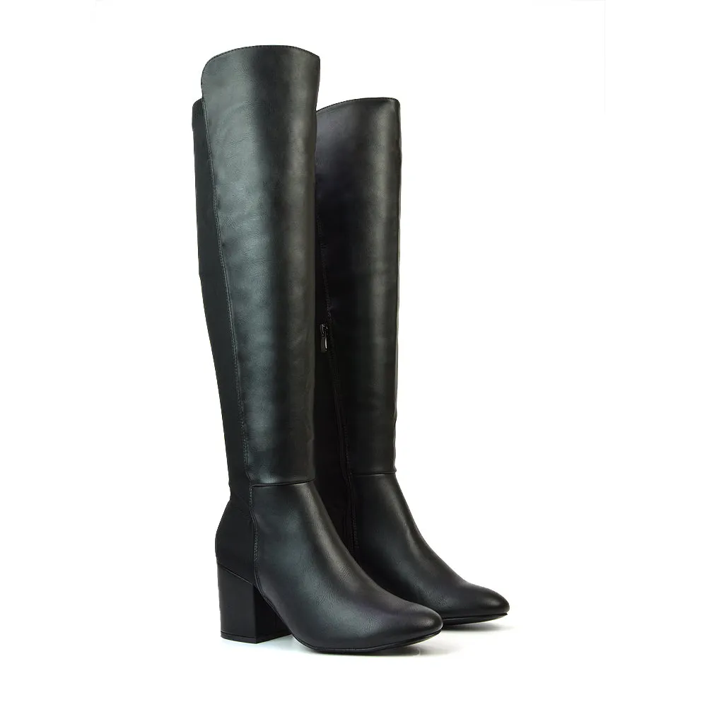 Falcon Mid Block Heel Elasticated High Heel Knee High Boots in Black Synthetic Leather