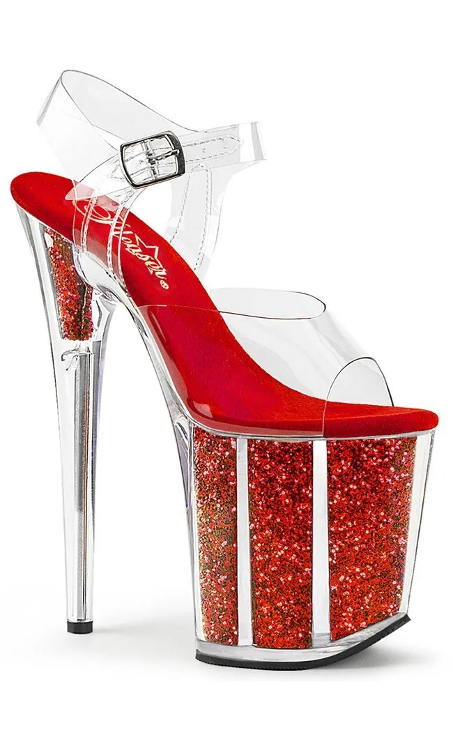 FLAMINGO-808G Clear & Red Glitter Platform Heels