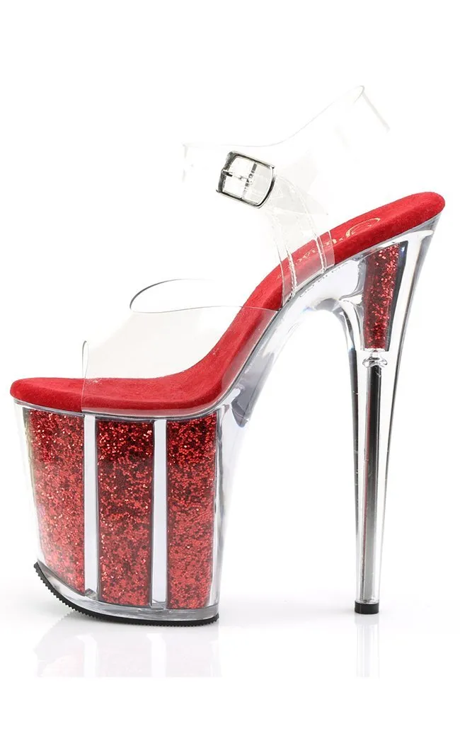 FLAMINGO-808G Clear & Red Glitter Platform Heels