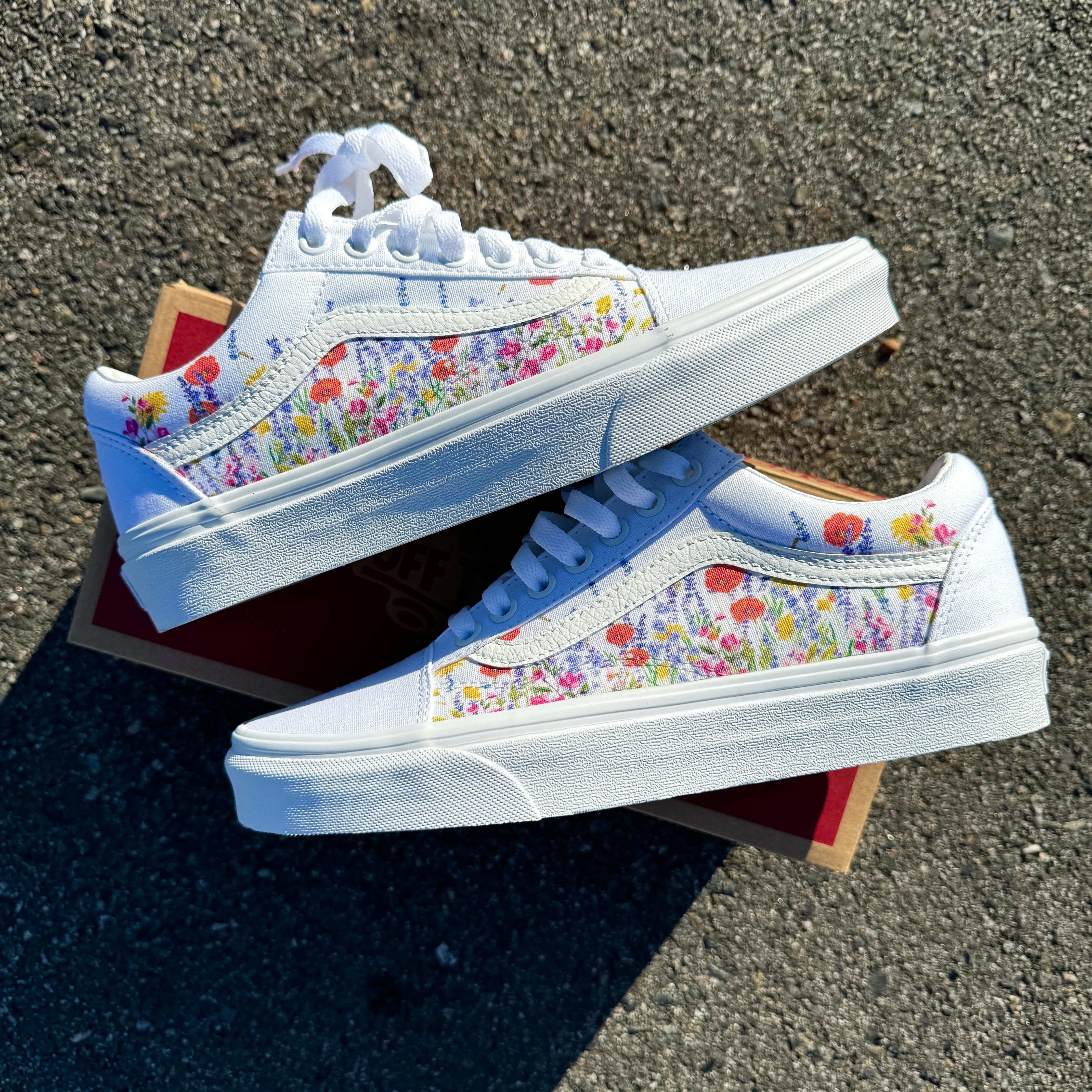 Flower Field White Vans Old Skool Shoes