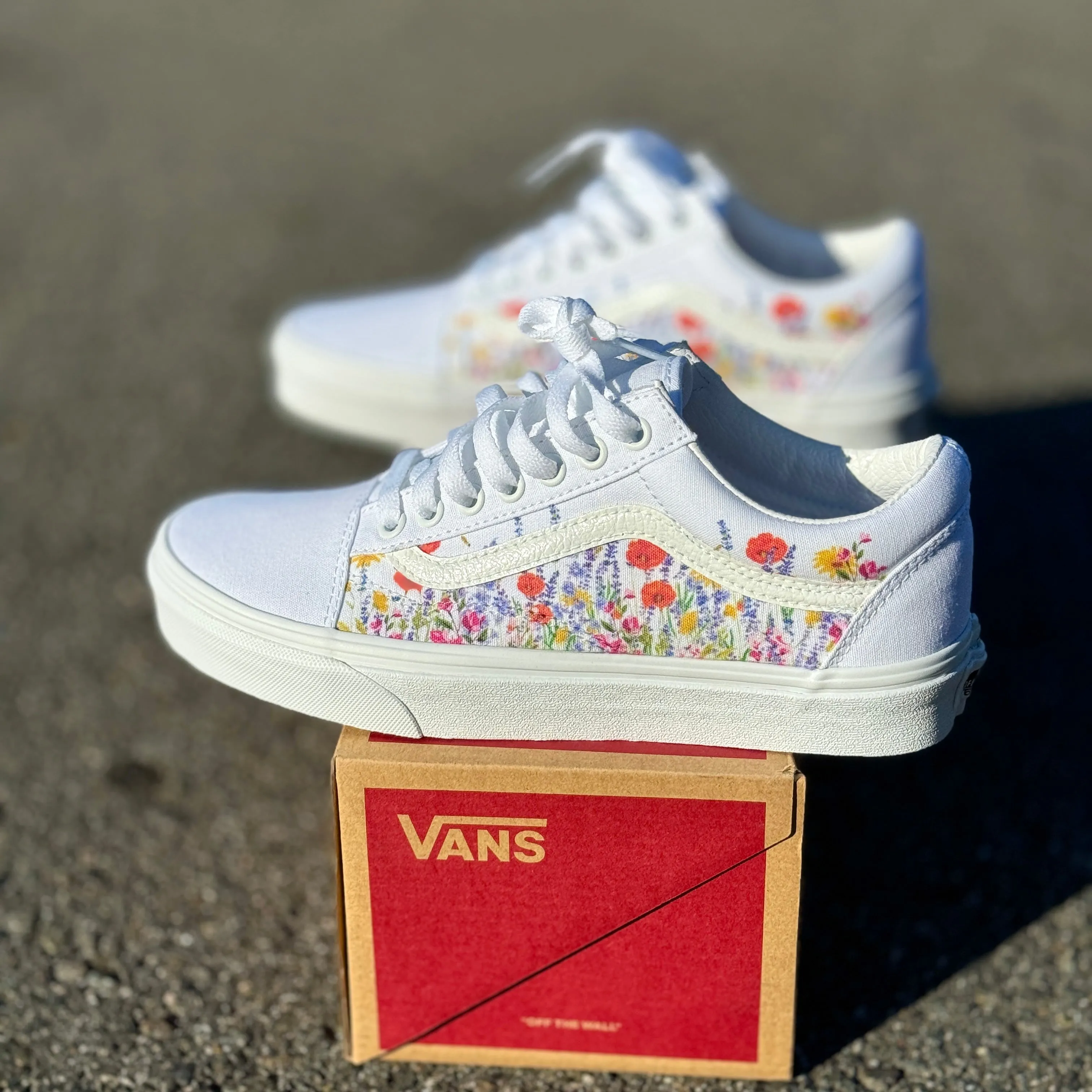 Flower Field White Vans Old Skool Shoes