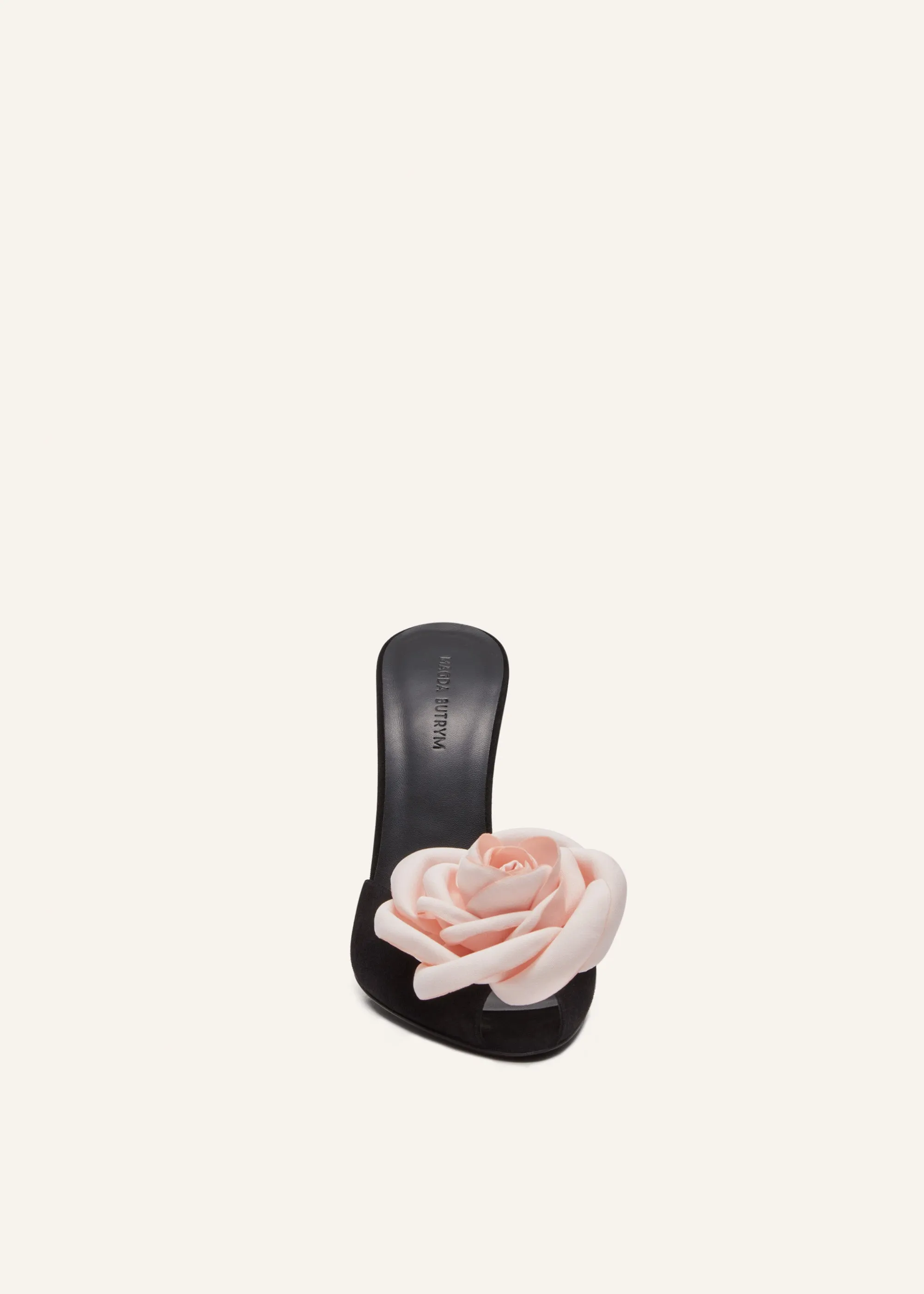 Flower peep toe mules in black suede