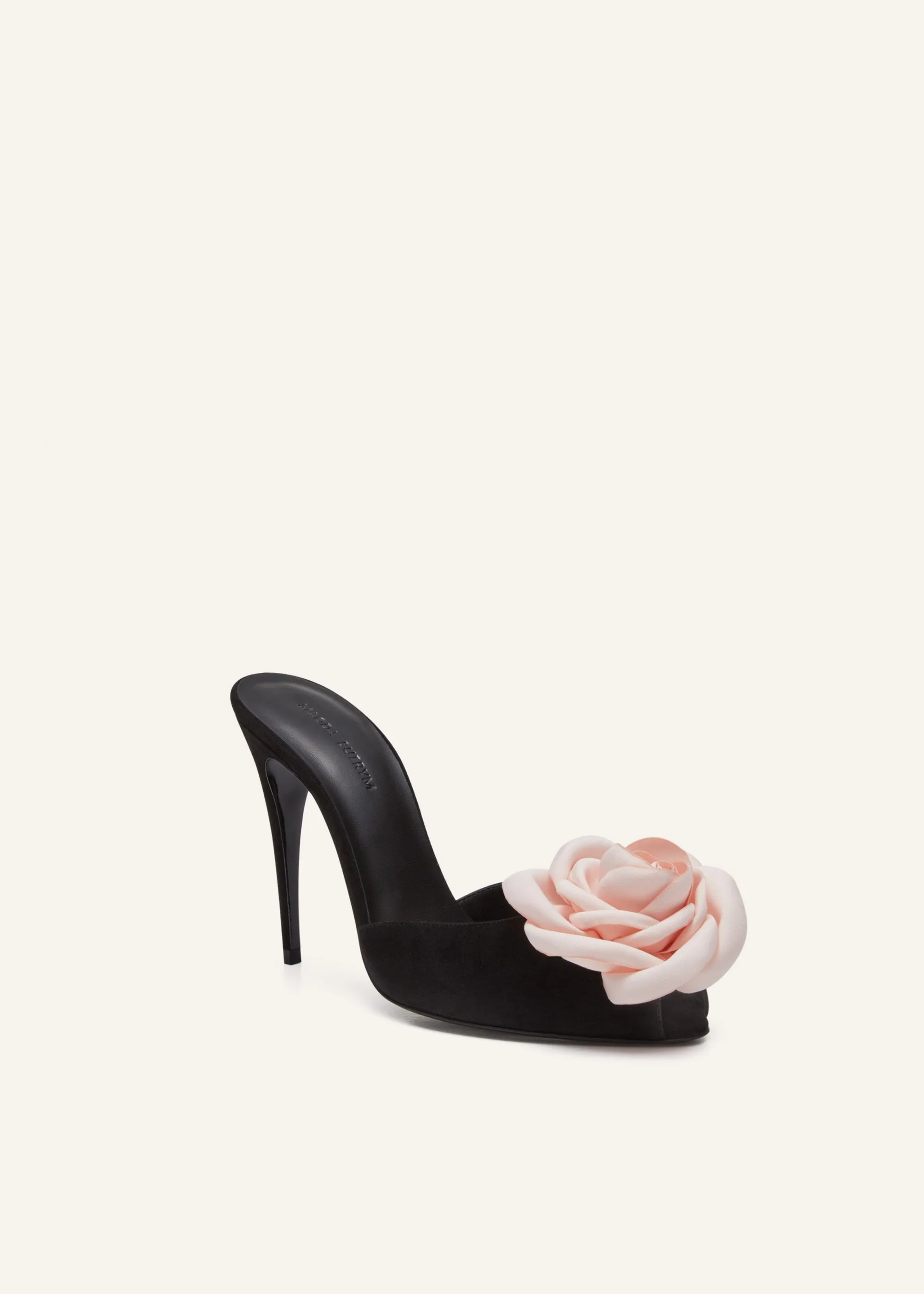 Flower peep toe mules in black suede