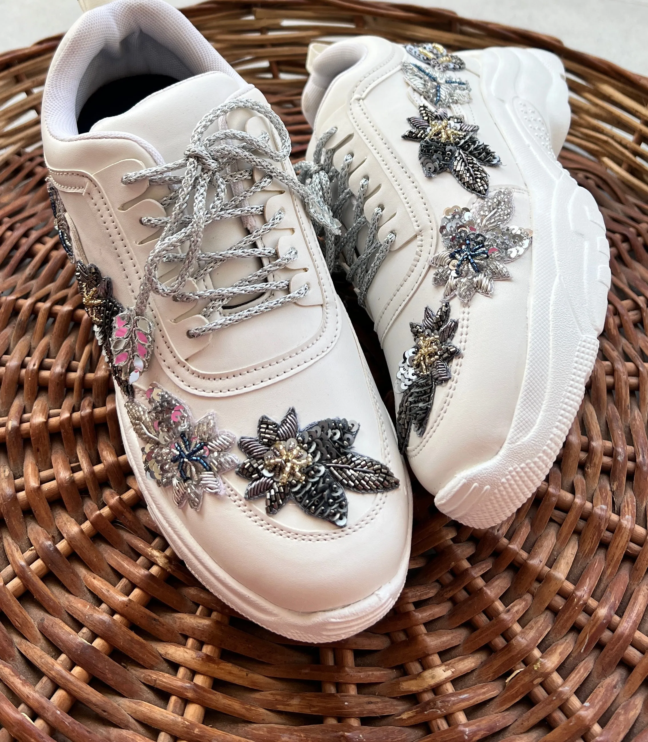 Funky N Trendy embroidery work bridal sneakers/ bridesmaid sneaker / silver sneakers/ silver shoes / blue sneakers / grey sneakers / handwork sneakers / handcrafted embroidered shoes