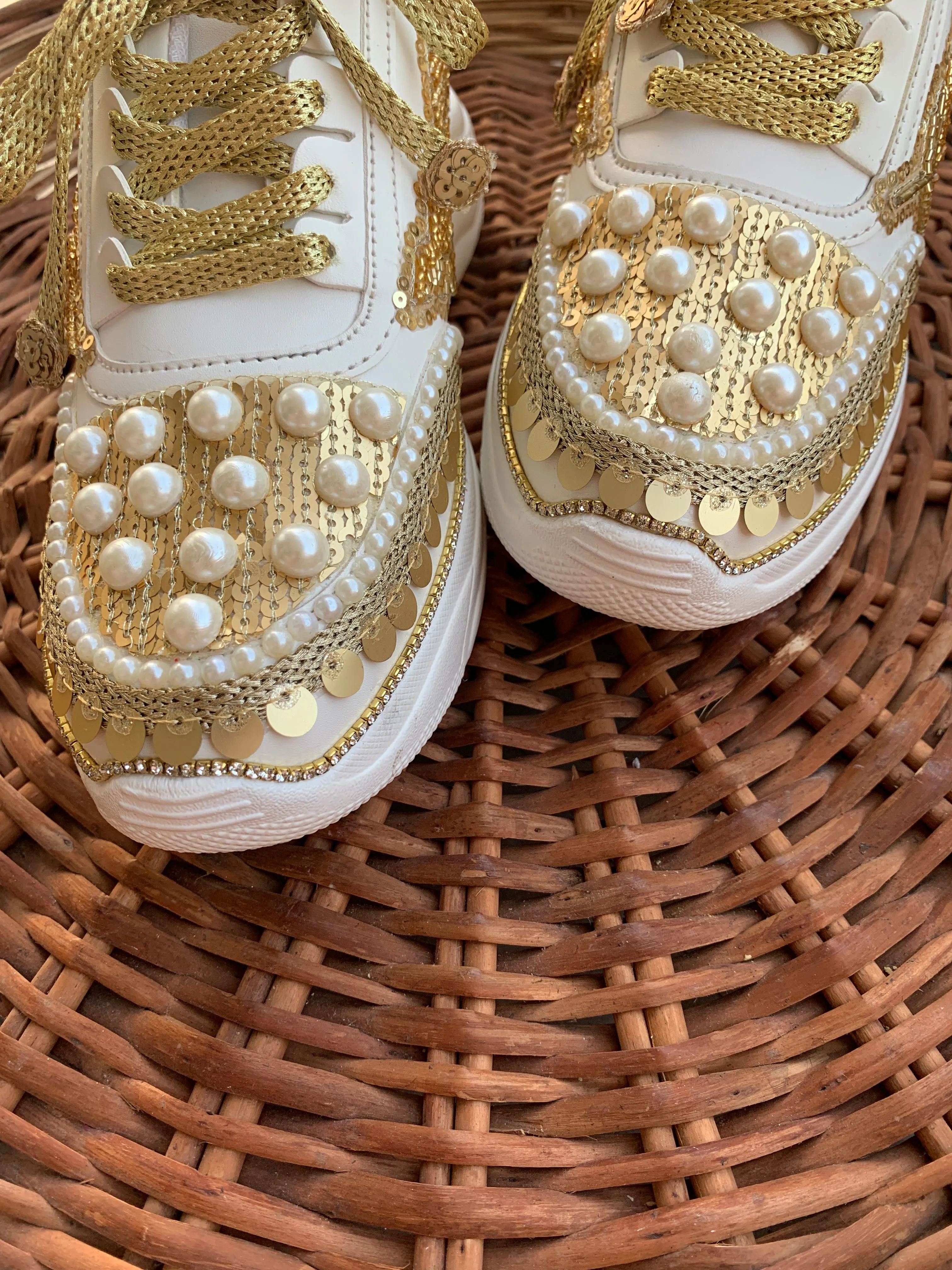 FUNKY N TRENDY gold sneakers for brides / gold sneakers for bridesmaids/ handcrafted sneakers/ golden sneakers / bridal sneakers / bridesmaid sneakers/ golden hand work sneakers