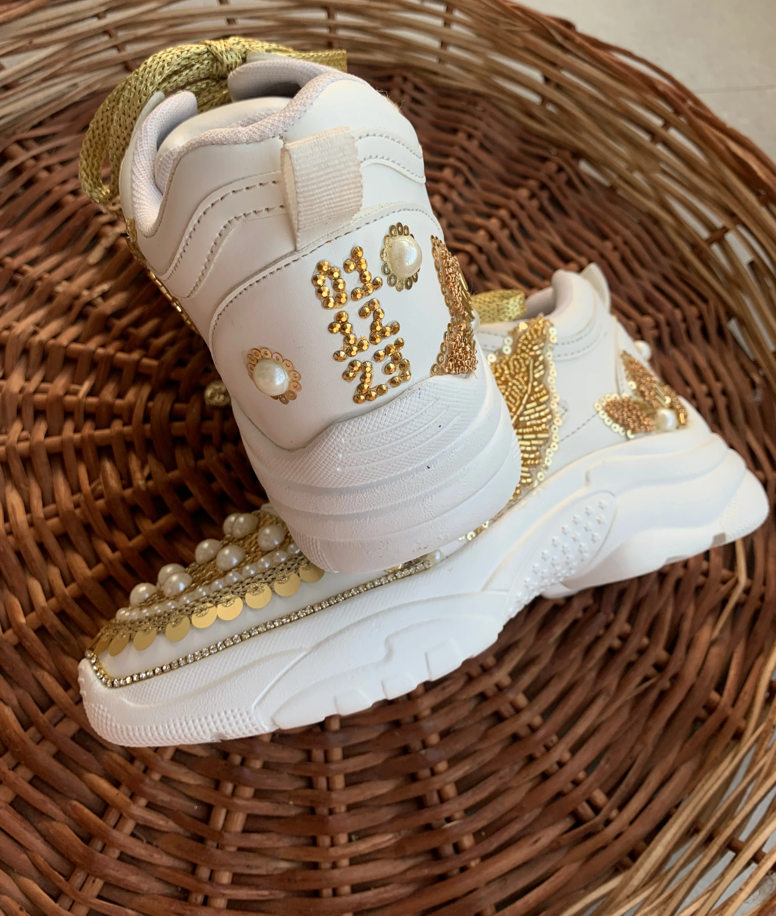 FUNKY N TRENDY gold sneakers for brides / gold sneakers for bridesmaids/ handcrafted sneakers/ golden sneakers / bridal sneakers / bridesmaid sneakers/ golden hand work sneakers