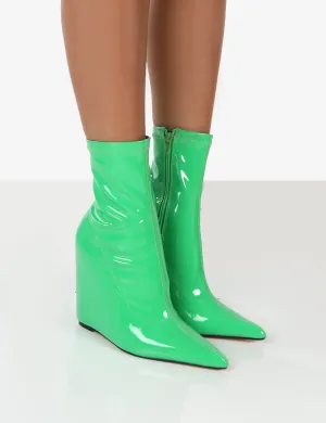 Getaway Green Patent Wedge Ankle Boots