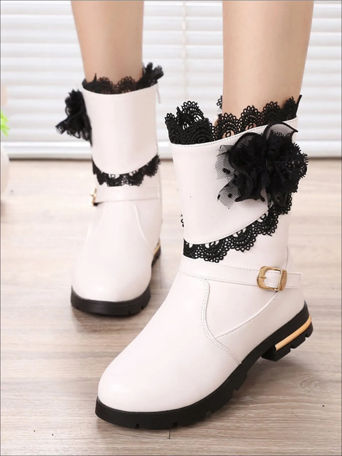 Girls Lace Trimmed Flower Applique Mid-Calf Boots By Liv and Mia