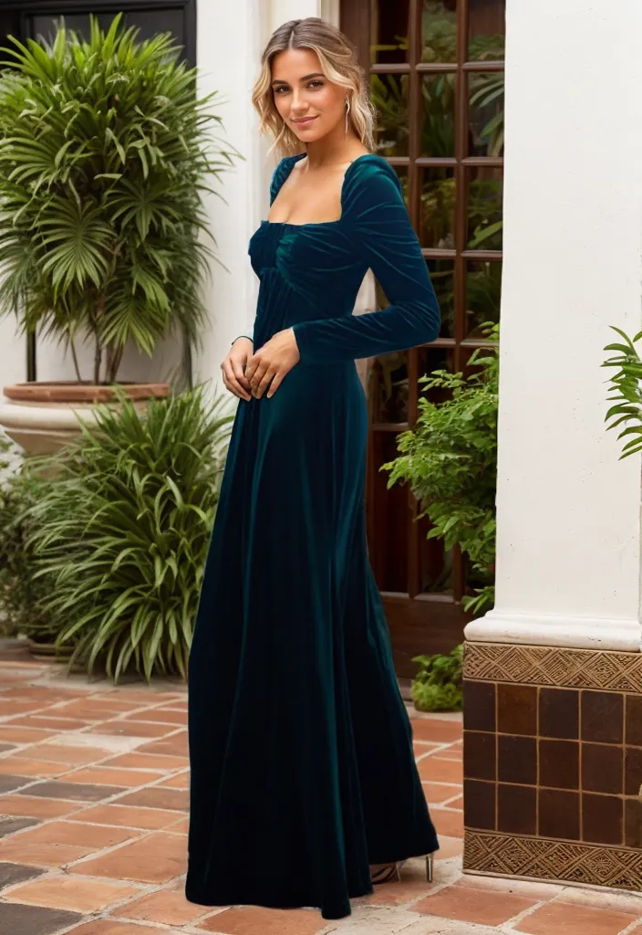 Greece Goddess style long Sleeves V-neck A-line Long Velvet Dress