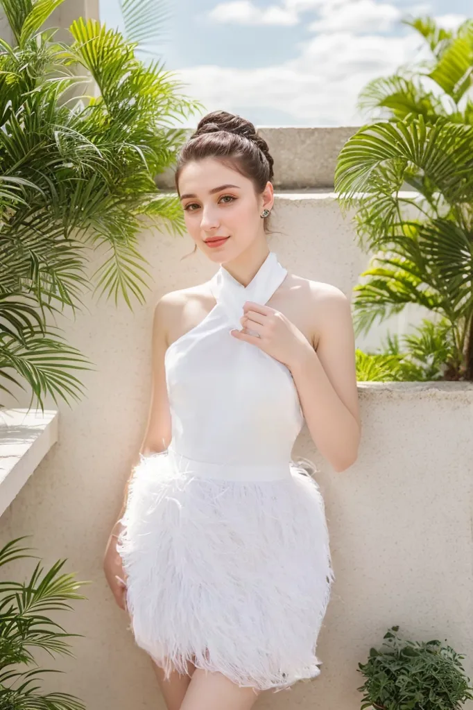 Haltered silky satin upper bodice fitted short above knee-length ostrich feather wedding dress