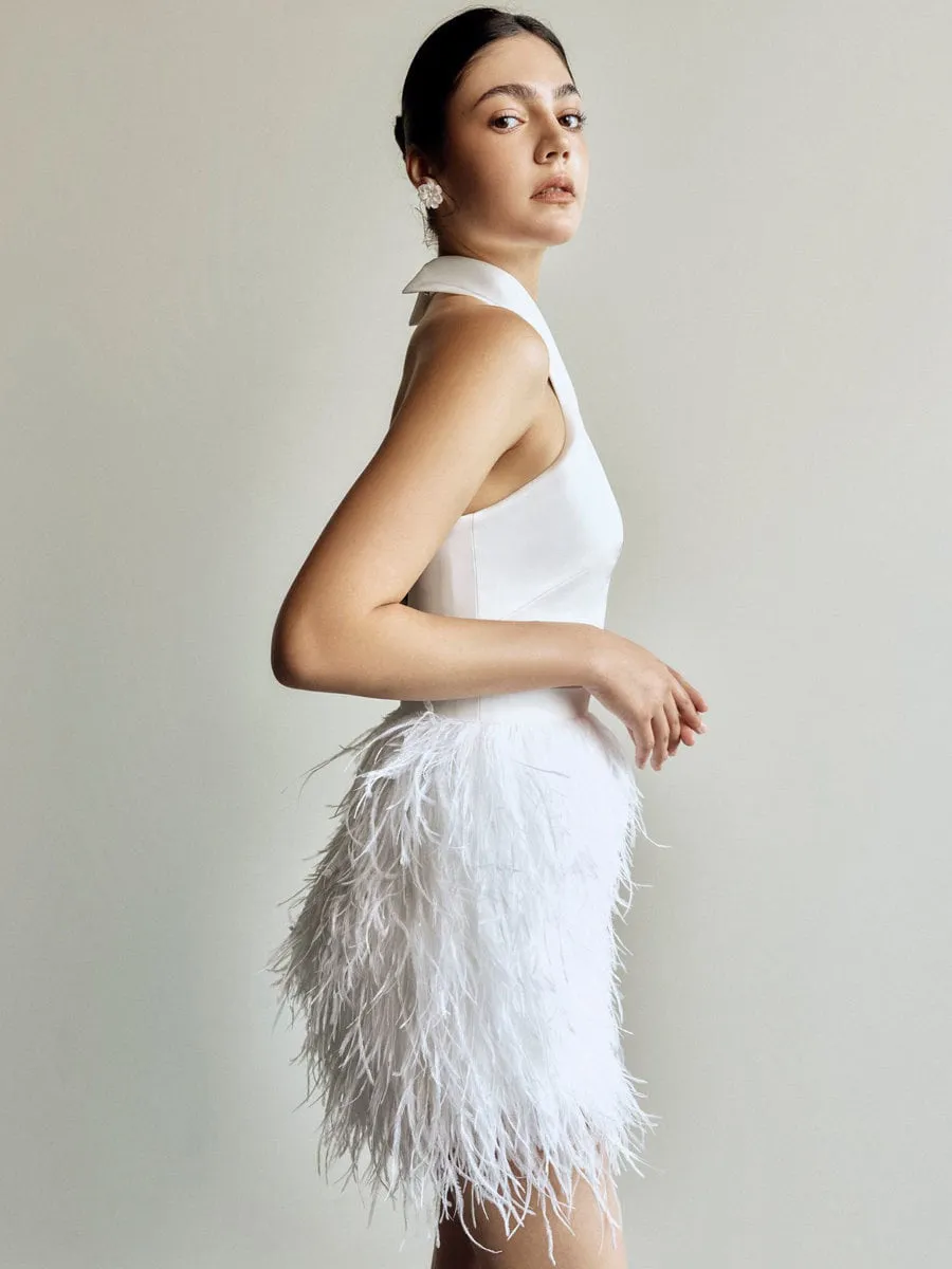 Haltered silky satin upper bodice fitted short above knee-length ostrich feather wedding dress