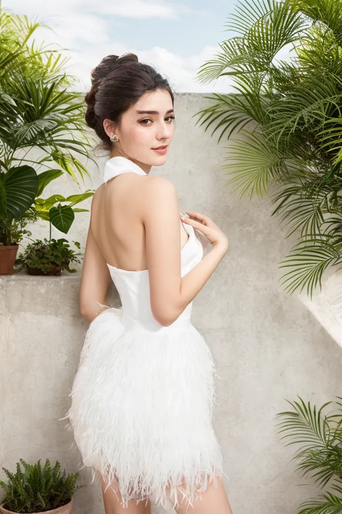 Haltered silky satin upper bodice fitted short above knee-length ostrich feather wedding dress