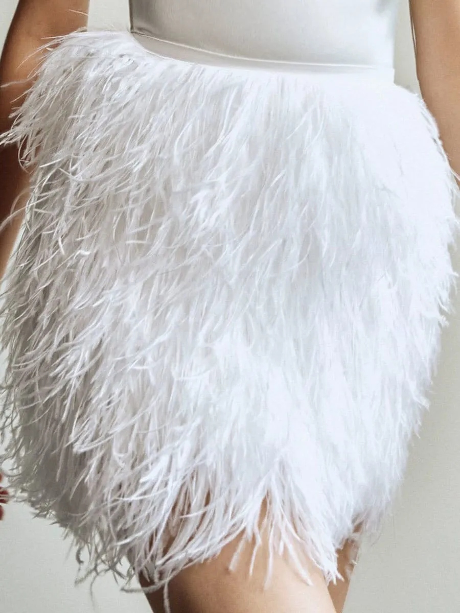 Haltered silky satin upper bodice fitted short above knee-length ostrich feather wedding dress