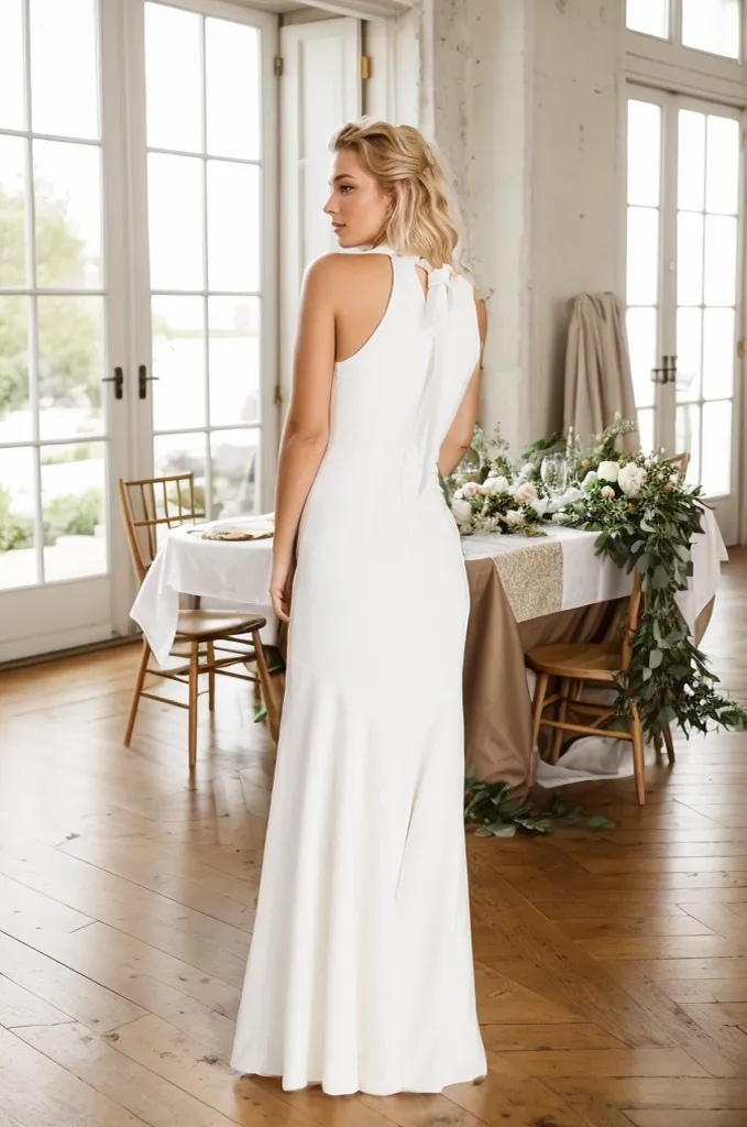 Haltered trumpet style Greece Goddess dress minimalist modern Satin wedding dress little white dress