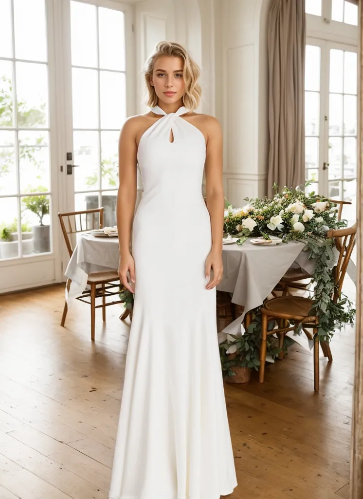 Haltered trumpet style Greece Goddess dress minimalist modern Satin wedding dress little white dress