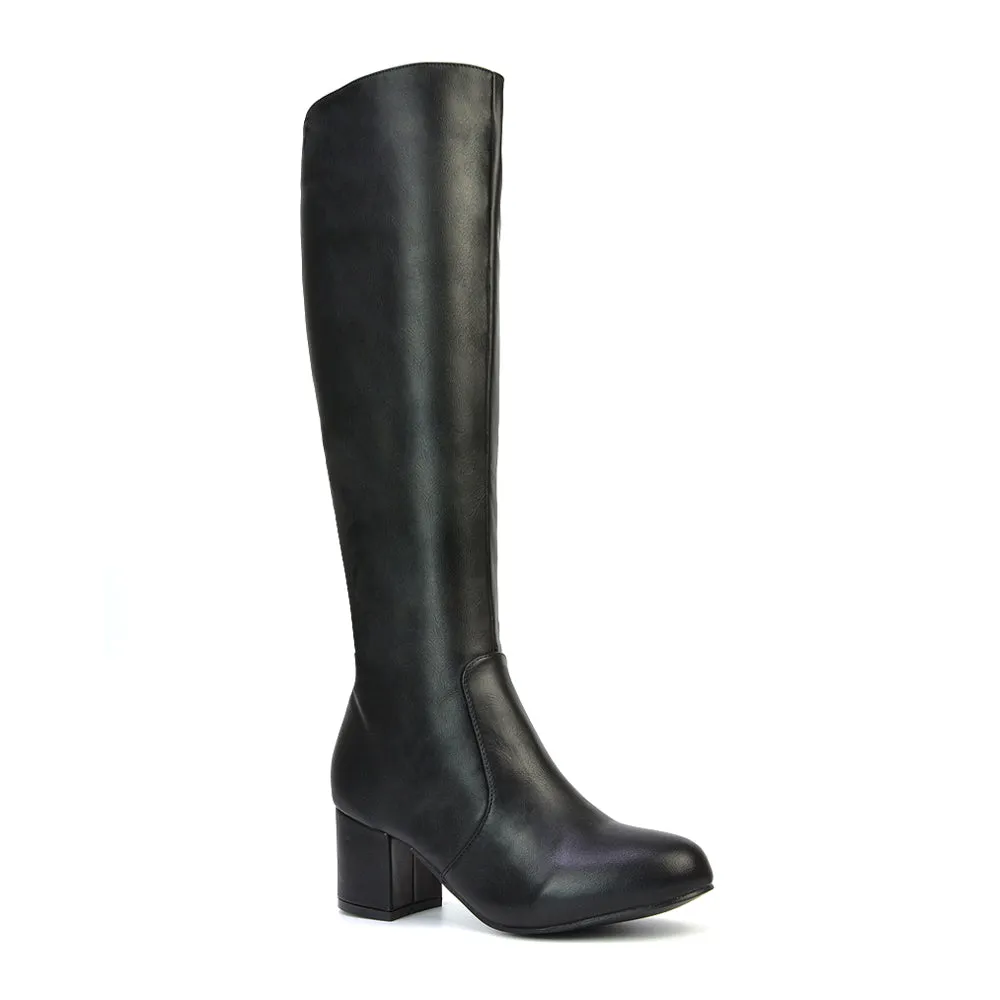 Honey Knee High Boots with Mid Block Heel and Inside Zip in Black Faux Suede