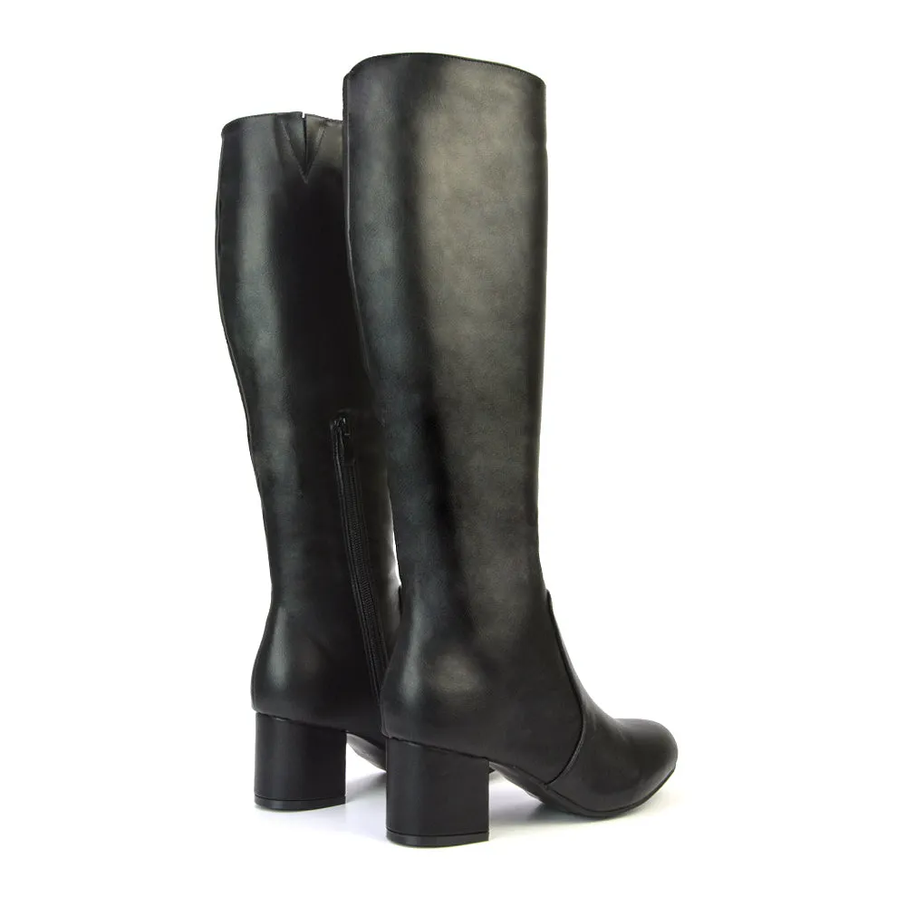 Honey Knee High Boots with Mid Block Heel and Inside Zip in Black Faux Suede