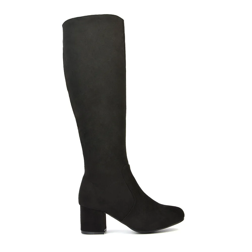 Honey Knee High Boots with Mid Block Heel and Inside Zip in Black Faux Suede