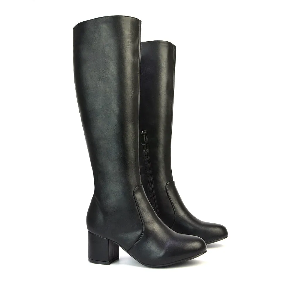 Honey Knee High Boots with Mid Block Heel and Inside Zip in Black Faux Suede