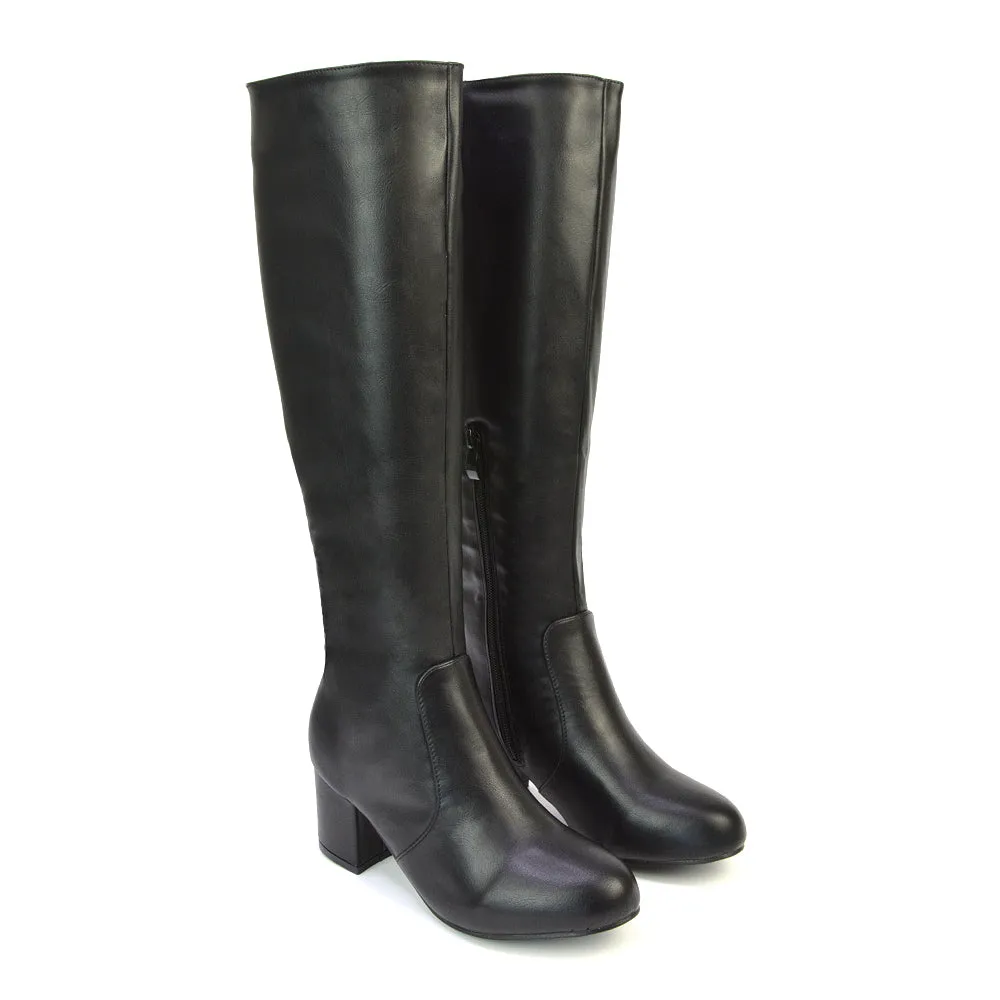 Honey Knee High Boots with Mid Block Heel and Inside Zip in Black Faux Suede