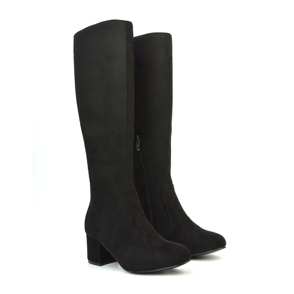 Honey Knee High Boots with Mid Block Heel and Inside Zip in Black Faux Suede