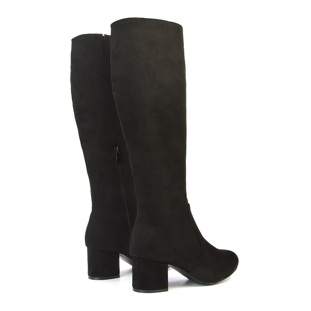 Honey Knee High Boots with Mid Block Heel and Inside Zip in Black Faux Suede