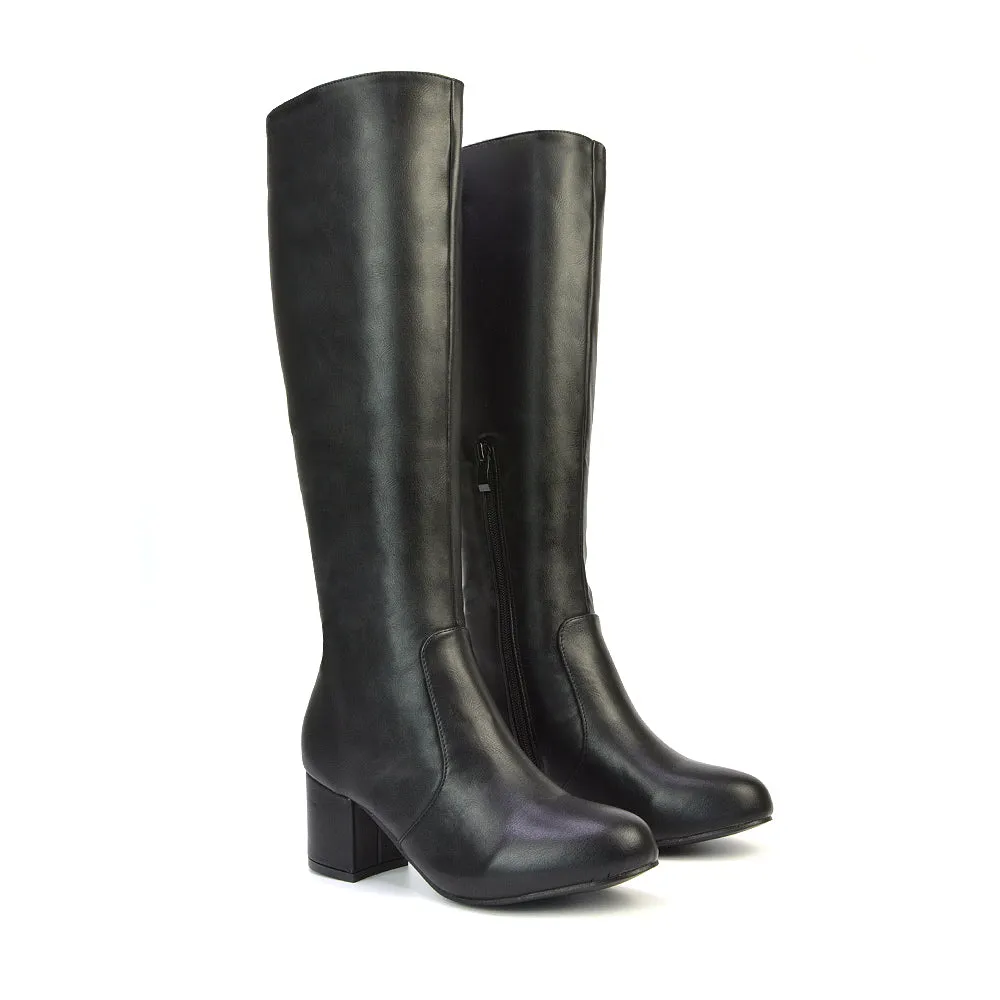 Honey Knee High Boots with Mid Block Heel and Inside Zip in Black Faux Suede