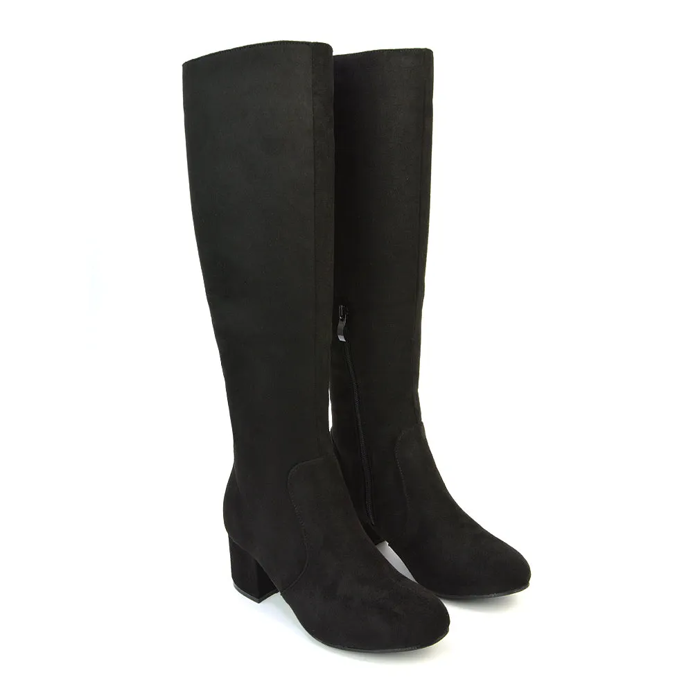 Honey Knee High Boots with Mid Block Heel and Inside Zip in Black Faux Suede