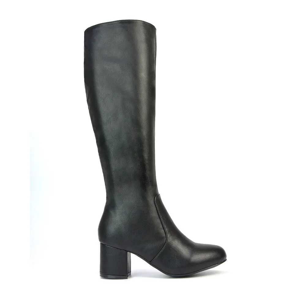 Honey Knee High Boots with Mid Block Heel and Inside Zip in Black Faux Suede